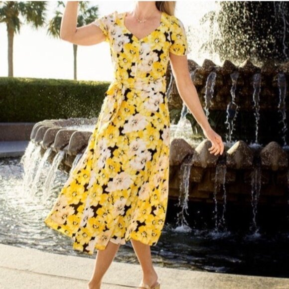 Talbots Midi Dress Women's Plus 20W Yellow Crepe Pippy Poppies Floral Tie Waist - Picture 1 of 12